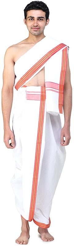 exotic india Plain Dhoti and Angavastram Set with Multicolored Thread Woven Border 