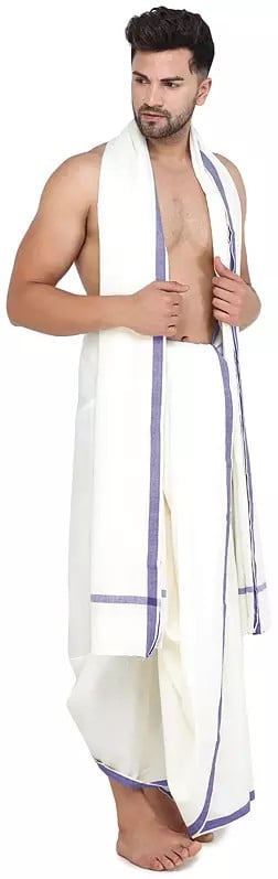 Exotic India Plain Dhoti And Angavastram Set With Striped Border From ISKCON Vrindavan By BLISS 