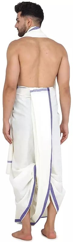 Exotic India Plain Dhoti And Angavastram Set With Striped Border From ISKCON Vrindavan By BLISS 