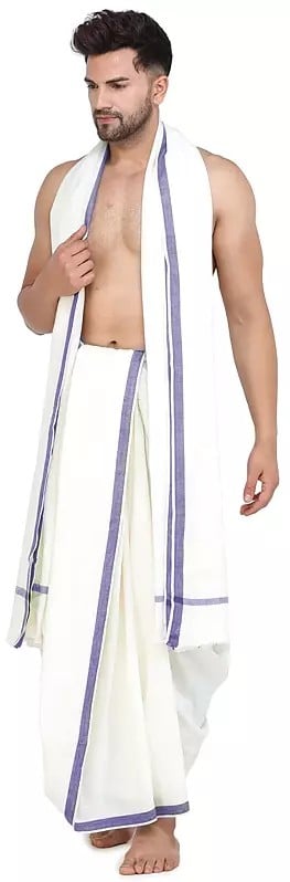 Exotic India Plain Dhoti And Angavastram Set With Striped Border From ISKCON Vrindavan By BLISS 
