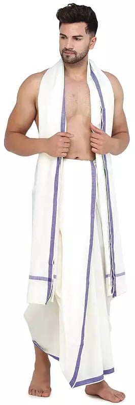 exotic india Plain Dhoti and Angavastram Set with Striped Border from ISKCON Vrindavan by BLISS 