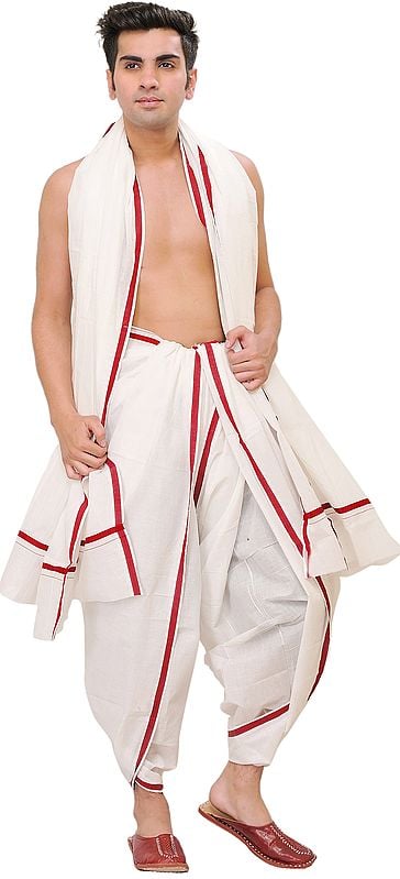 exotic india Plain Dhoti and Angavastram Set with Striped Border 