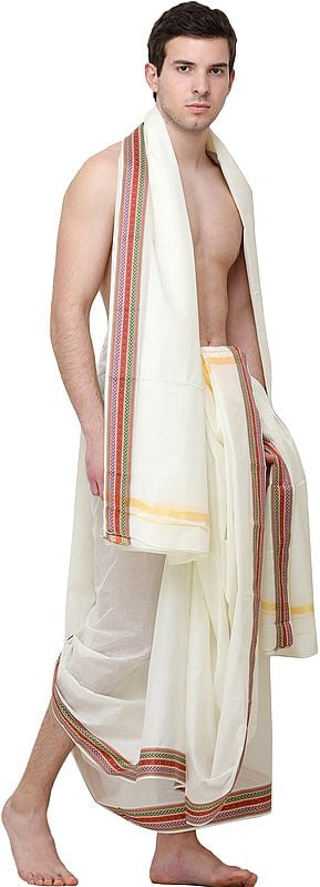 Exotic India Plain Dhoti And Angavastram Set With Woven Border 