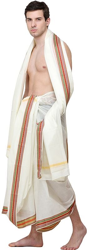 Exotic India Plain Dhoti And Angavastram Set With Woven Border 