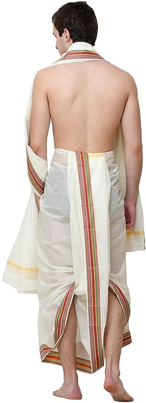 Exotic India Plain Dhoti And Angavastram Set With Woven Border 