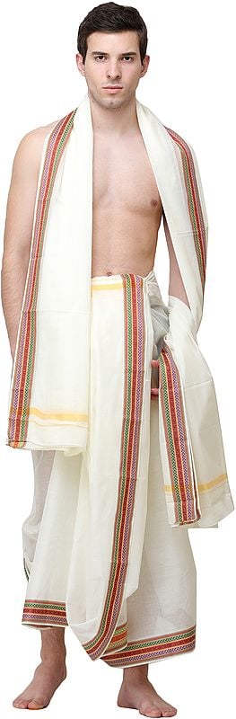 exotic india Plain Dhoti and Angavastram Set with Woven Border 