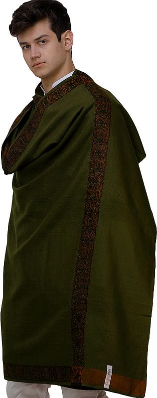 Exotic India Plain Men's Shawl With Brown Woven Border 