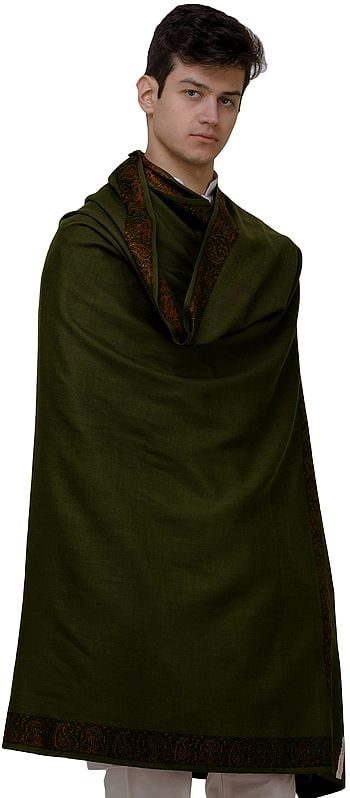 Exotic India Plain Men's Shawl With Brown Woven Border 