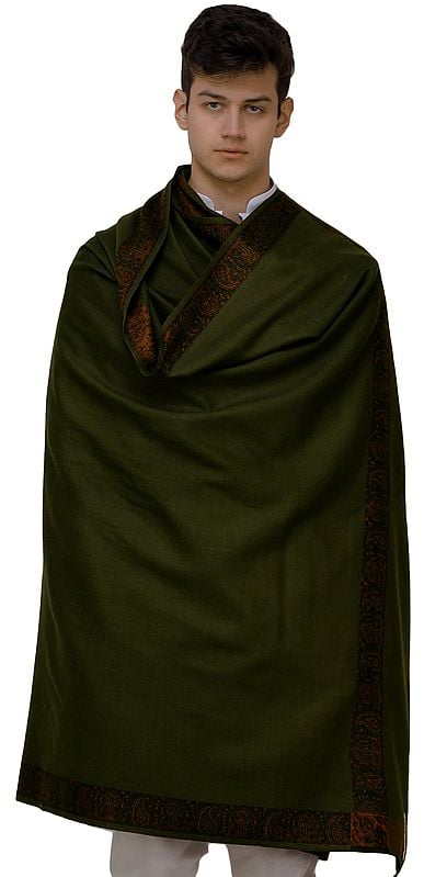 exotic india Plain Men's Shawl with Brown Woven Border 