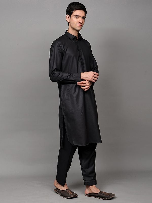 Exotic India Plain Pathani Kurta Pajama Set With Side Pockets 