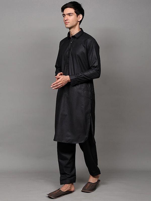 Exotic India Plain Pathani Kurta Pajama Set With Side Pockets 
