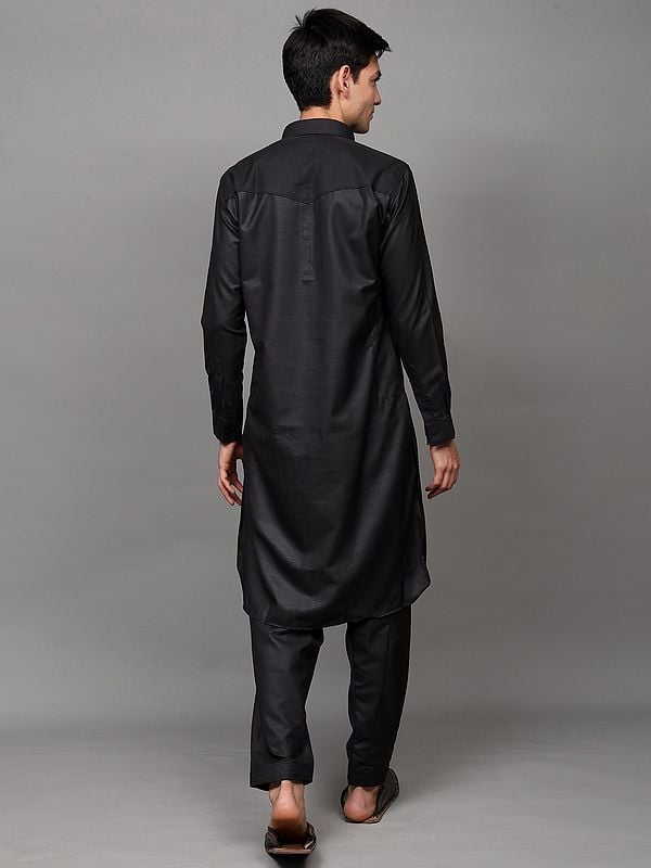 Exotic India Plain Pathani Kurta Pajama Set With Side Pockets 