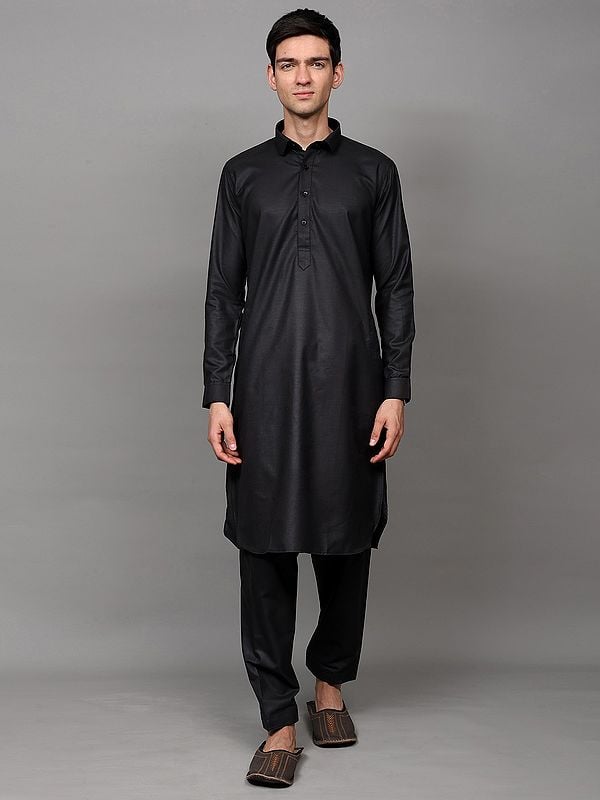 exotic india Plain Pathani Kurta Pajama Set with Side Pockets 