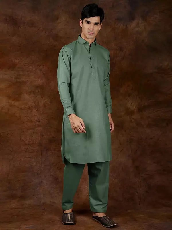 Exotic India Plain Pure Cotton Pathani Kurta Pajama Set With Front Pocket 