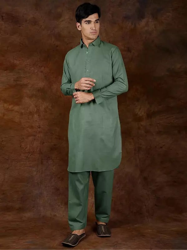 Exotic India Plain Pure Cotton Pathani Kurta Pajama Set With Front Pocket 