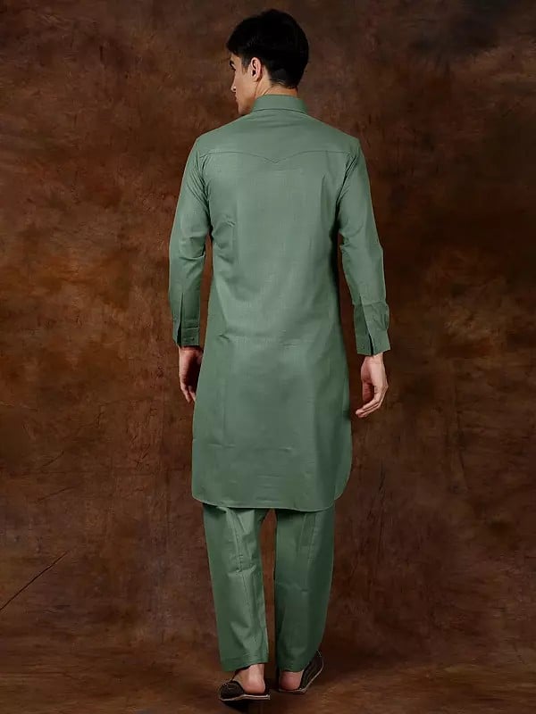 Exotic India Plain Pure Cotton Pathani Kurta Pajama Set With Front Pocket 