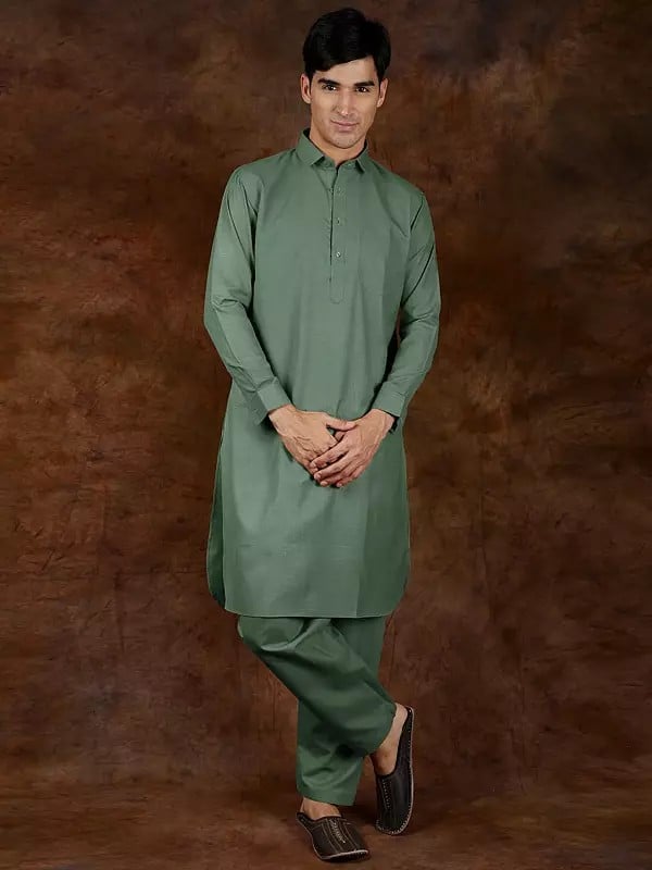 exotic india Plain Pure Cotton Pathani Kurta Pajama Set with Front Pocket