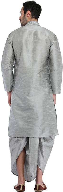 Exotic India Plain Wedding Dhoti Kurta With Embroidery On Neck 