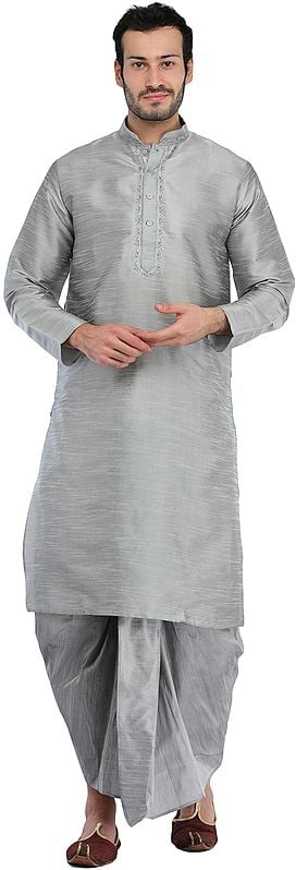 exotic india Plain Wedding Dhoti Kurta with Embroidery on Neck 