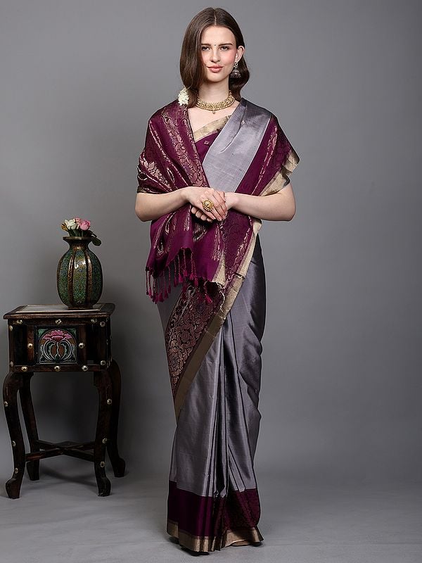 Exotic India Platinum-Grey Pure Silk Saree With Zari Woven Bootis And Contrast Border-Anchal From Bangalore 