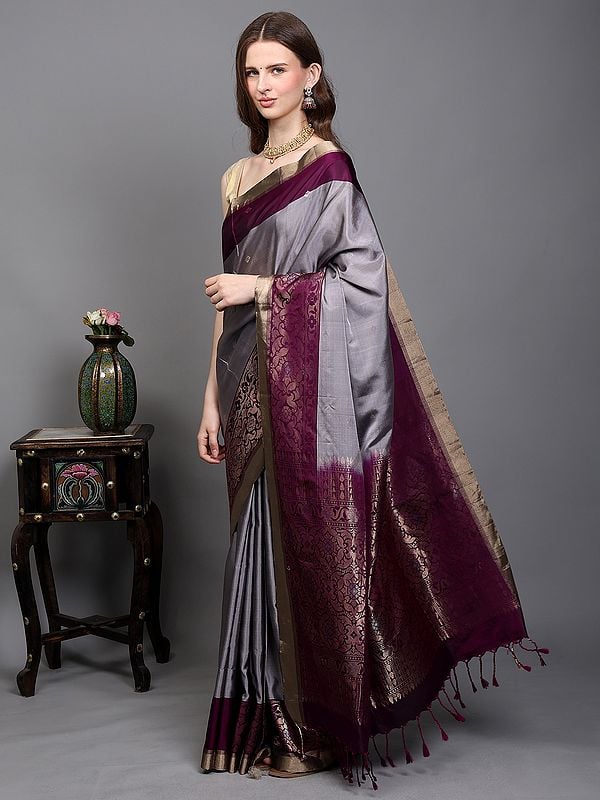 Exotic India Platinum-Grey Pure Silk Saree With Zari Woven Bootis And Contrast Border-Anchal From Bangalore 