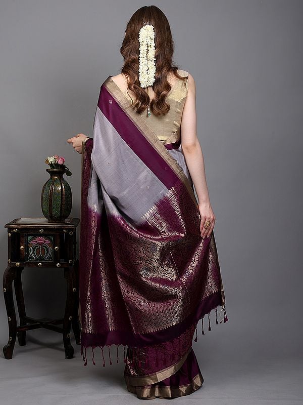 Exotic India Platinum-Grey Pure Silk Saree With Zari Woven Bootis And Contrast Border-Anchal From Bangalore 