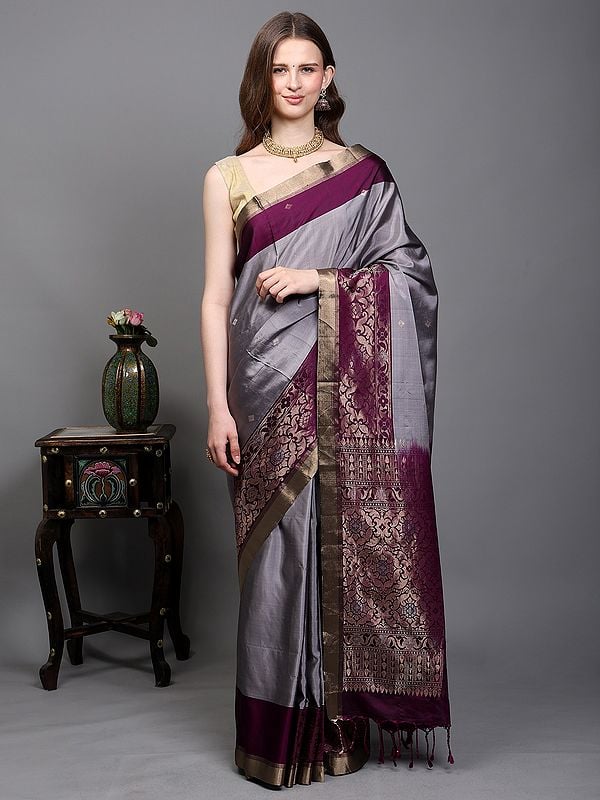 exotic india Platinum-Grey Pure Silk Saree with Zari woven Bootis and Contrast Border-Anchal from Bangalore 