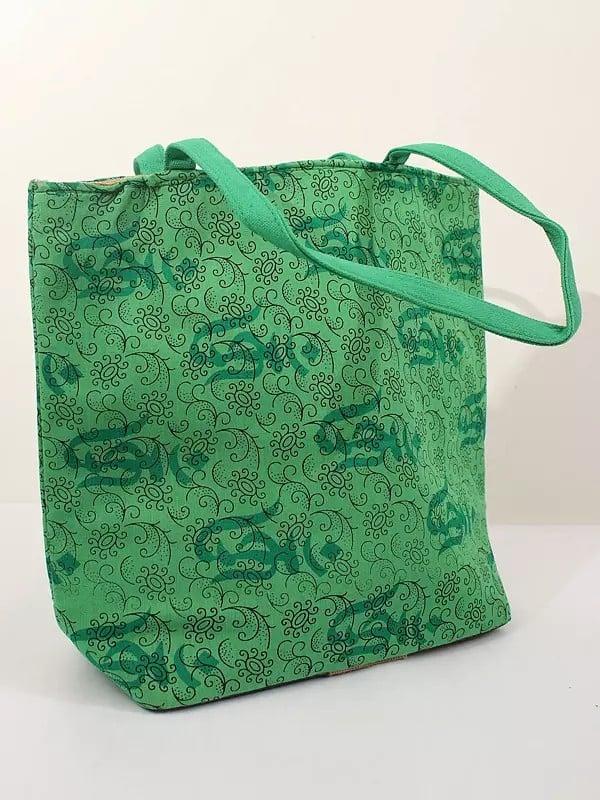 exotic india Poison-Green Printed Cotton Shopper Bag 