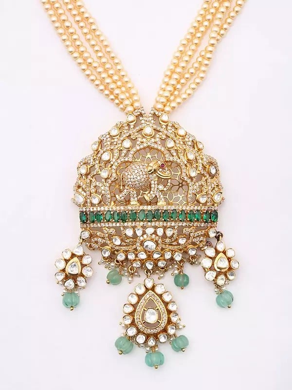 Exotic India Polki Diamond And Kundan Studded Sterling Silver Necklace And Earrings Set 