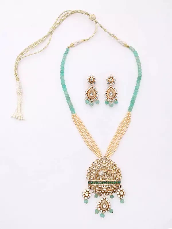 exotic india Polki Diamond and Kundan Studded Sterling Silver Necklace and Earrings Set 