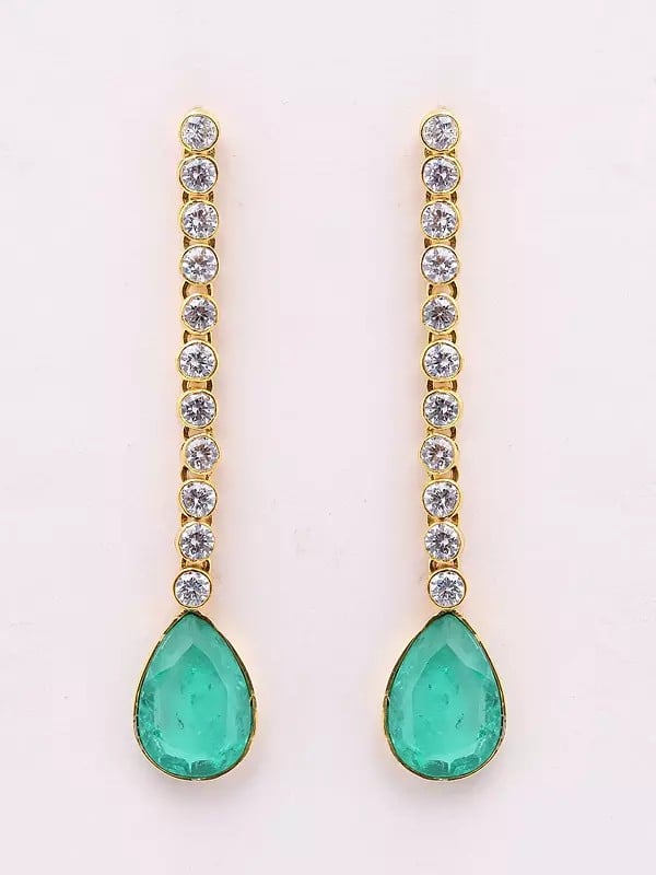 exotic india Polki Diamond Long Earrings with Faceted Aqua Drop 