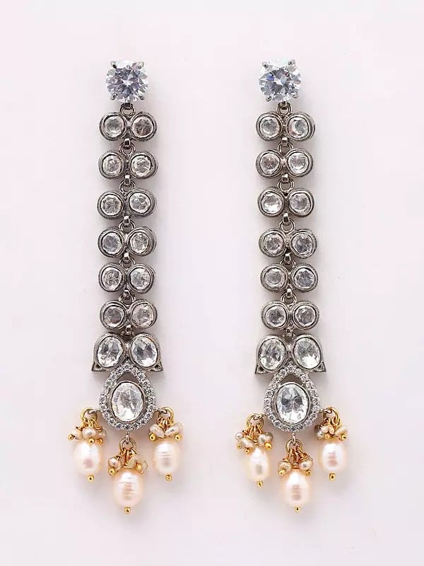 Exotic India Polki Diamond Long Earrings With Pearl Drop 