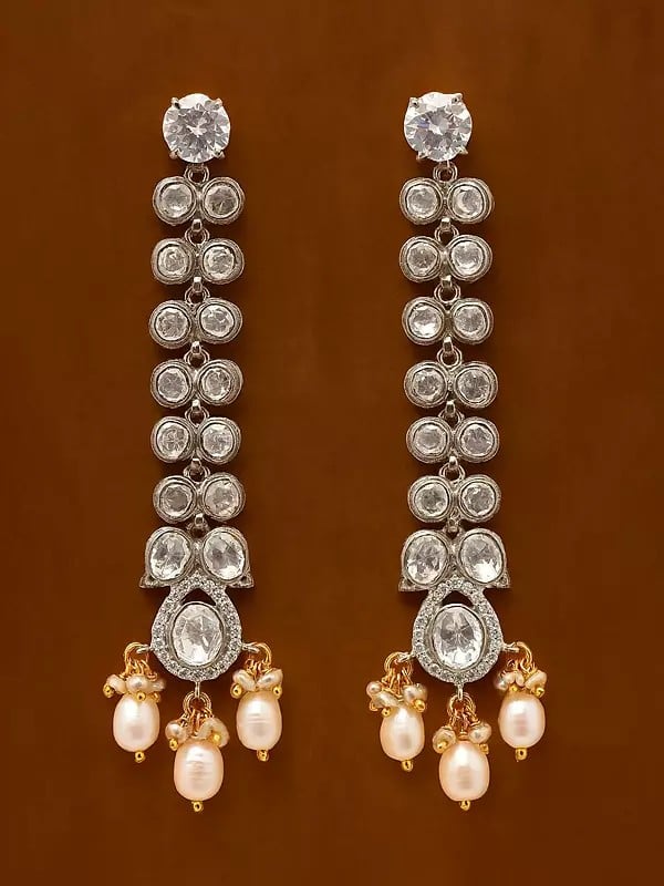 exotic india Polki Diamond Long Earrings with Pearl Drop 