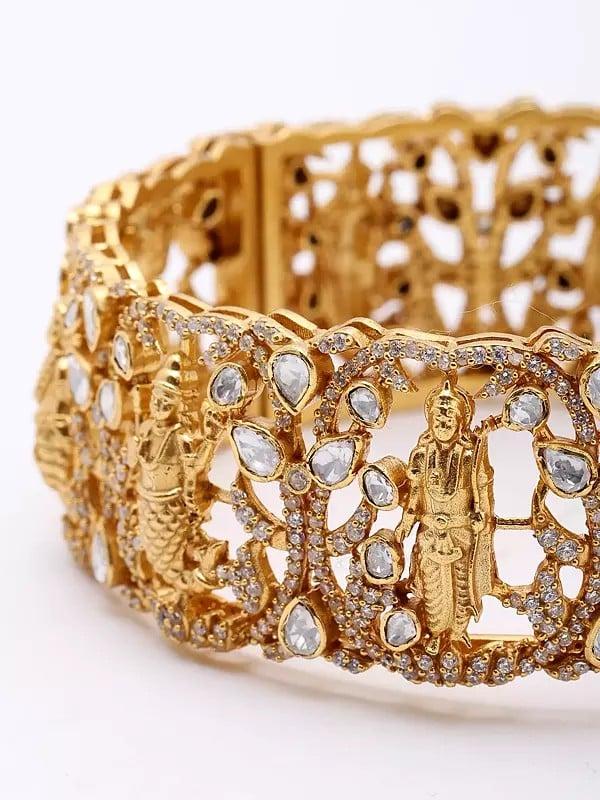 Exotic India Polki Diamond Navagraha Screw Openable Sterling Silver Bangle 