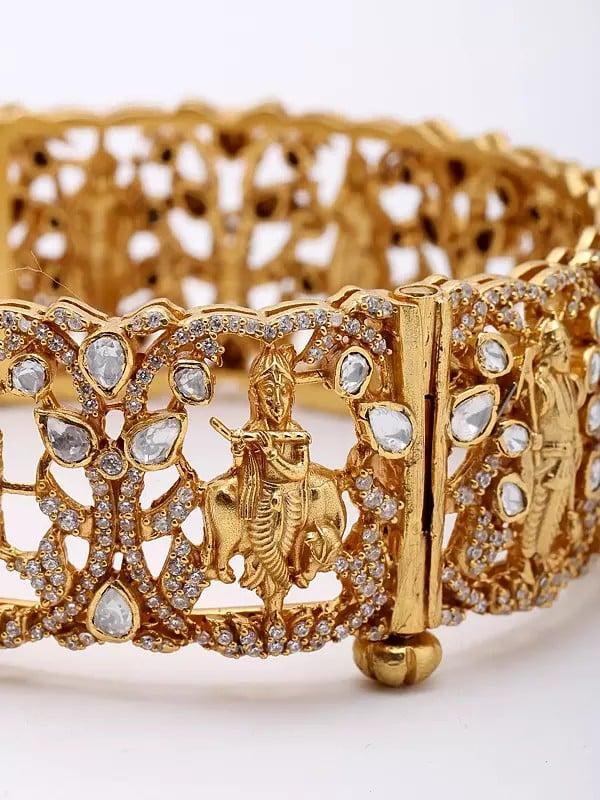 Exotic India Polki Diamond Navagraha Screw Openable Sterling Silver Bangle 