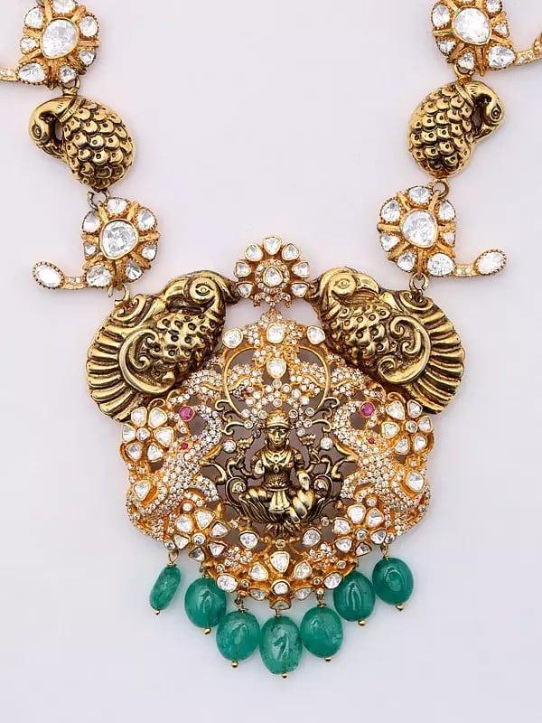 Exotic India Polki Diamond Studded Goddess Lakshmi Necklace And Earrings Set 