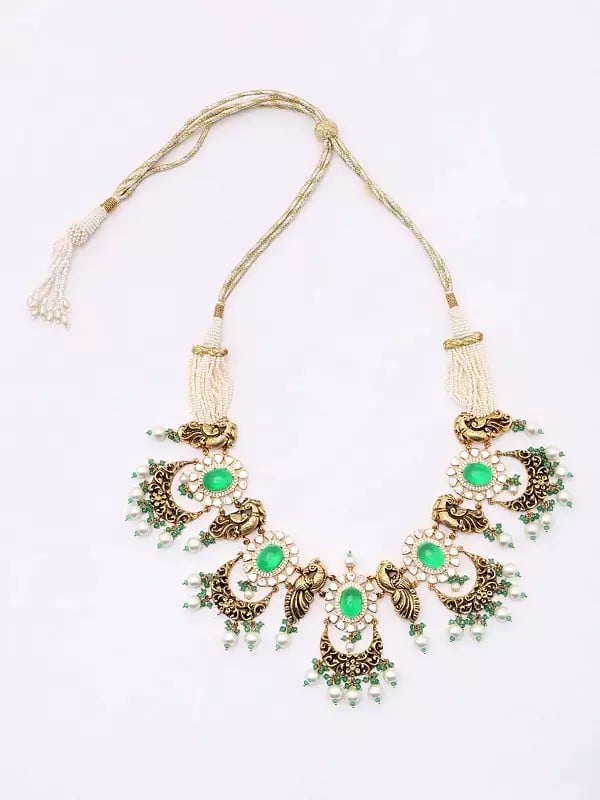 Exotic India Polki Diamond Studded Peacock Design Necklace Set With Earrings 