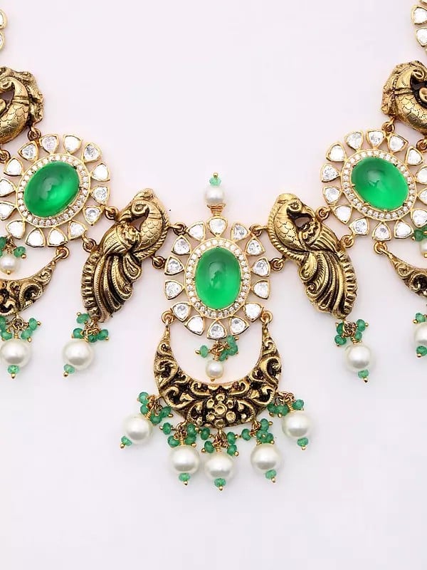 Exotic India Polki Diamond Studded Peacock Design Necklace Set With Earrings 