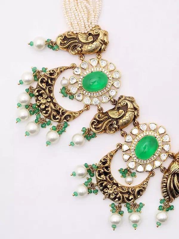 Exotic India Polki Diamond Studded Peacock Design Necklace Set With Earrings 