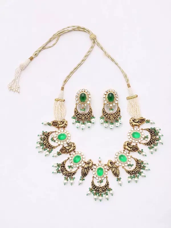 exotic india Polki Diamond Studded Peacock Design Necklace Set with Earrings 