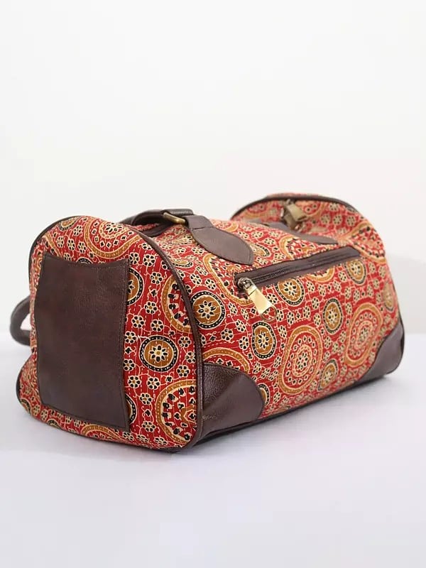 Exotic India Pompeian-Red Printed Cotton Duffle Bags With Sunglasses Hand Case 