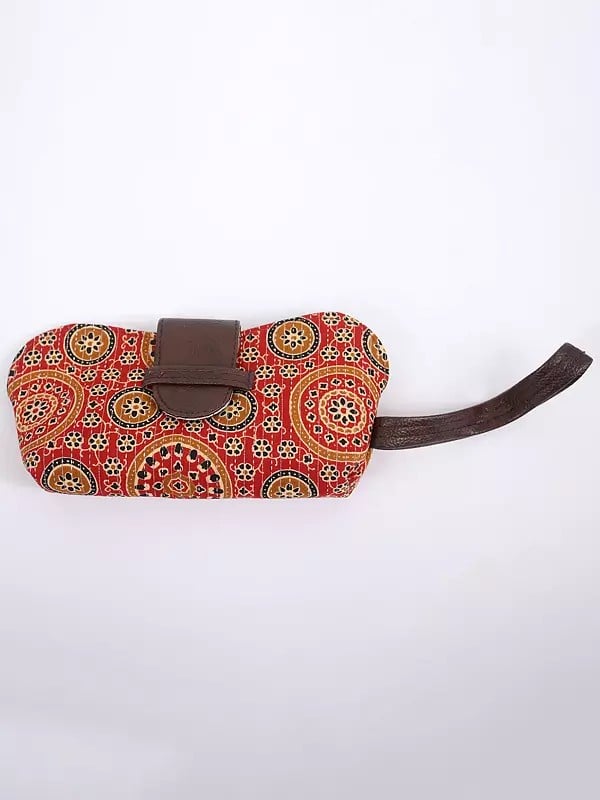 Exotic India Pompeian-Red Printed Cotton Duffle Bags With Sunglasses Hand Case 