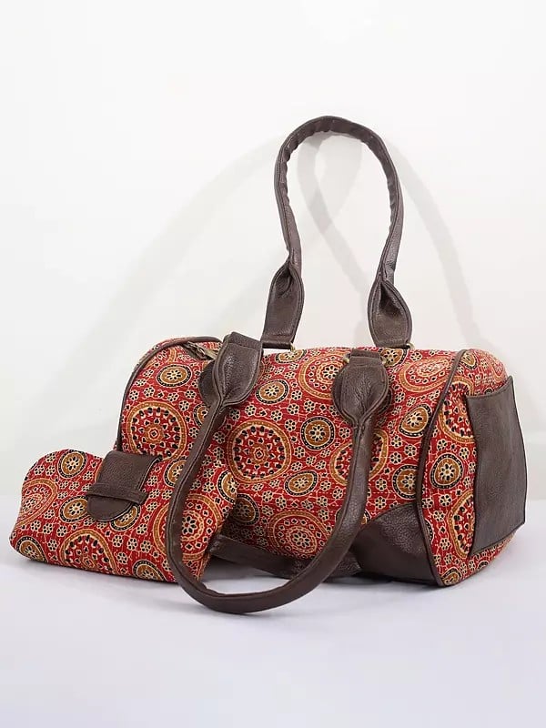 exotic india Pompeian-Red Printed Cotton Duffle Bags with Sunglasses Hand Case 