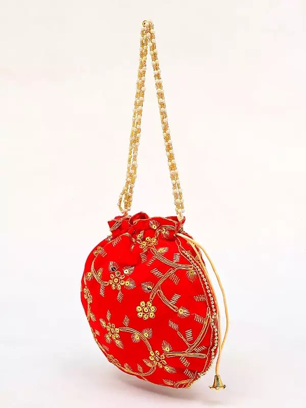 Exotic India Poppy-Red Potli Bag With Beaded Handle And Golden Thread Work & Sequins