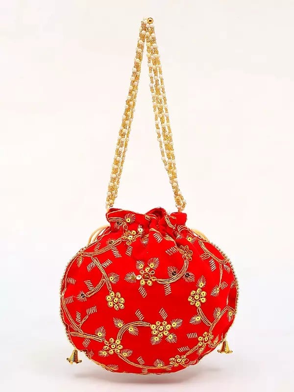 Exotic India Poppy-Red Potli Bag With Beaded Handle And Golden Thread Work & Sequins