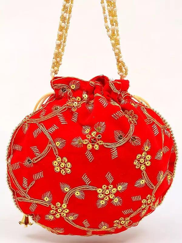 Exotic India Poppy-Red Potli Bag With Beaded Handle And Golden Thread Work & Sequins