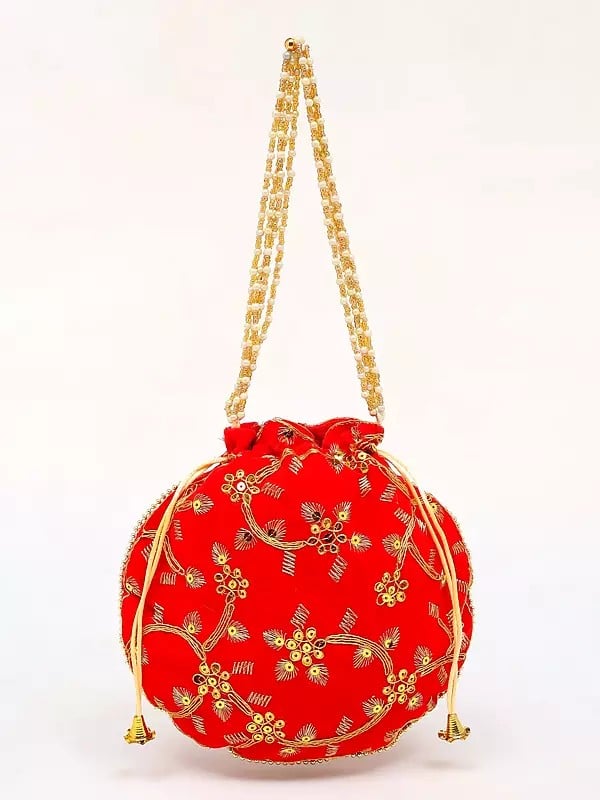 exotic india Poppy-Red Potli Bag with Beaded Handle and Golden Thread work & Sequins 