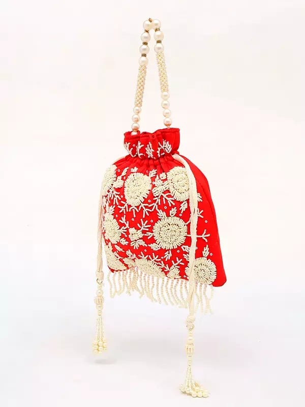Exotic India Potli Drawstring Bag With Embroidered Beads And Sequins 