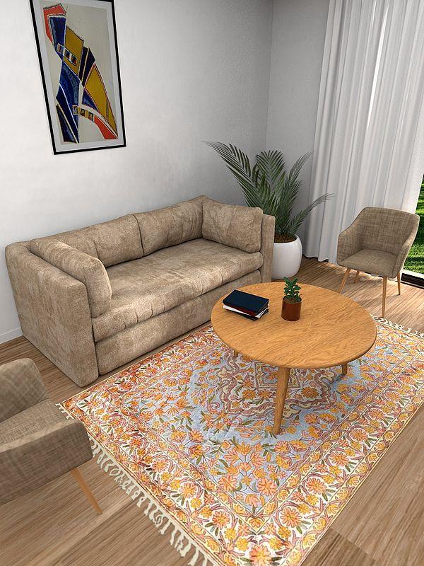 exotic india Powder-Blue Kashmiri Asana Carpet with Persian Motifs