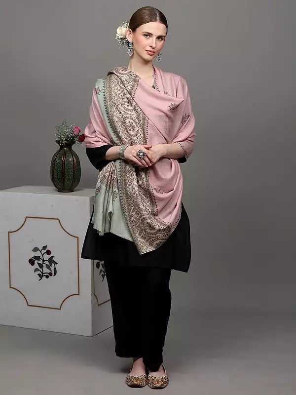 Exotic India Powder-Pink Pure Pashmina Palladar Shawl With Sozni Embroidered Paisley Bootis 